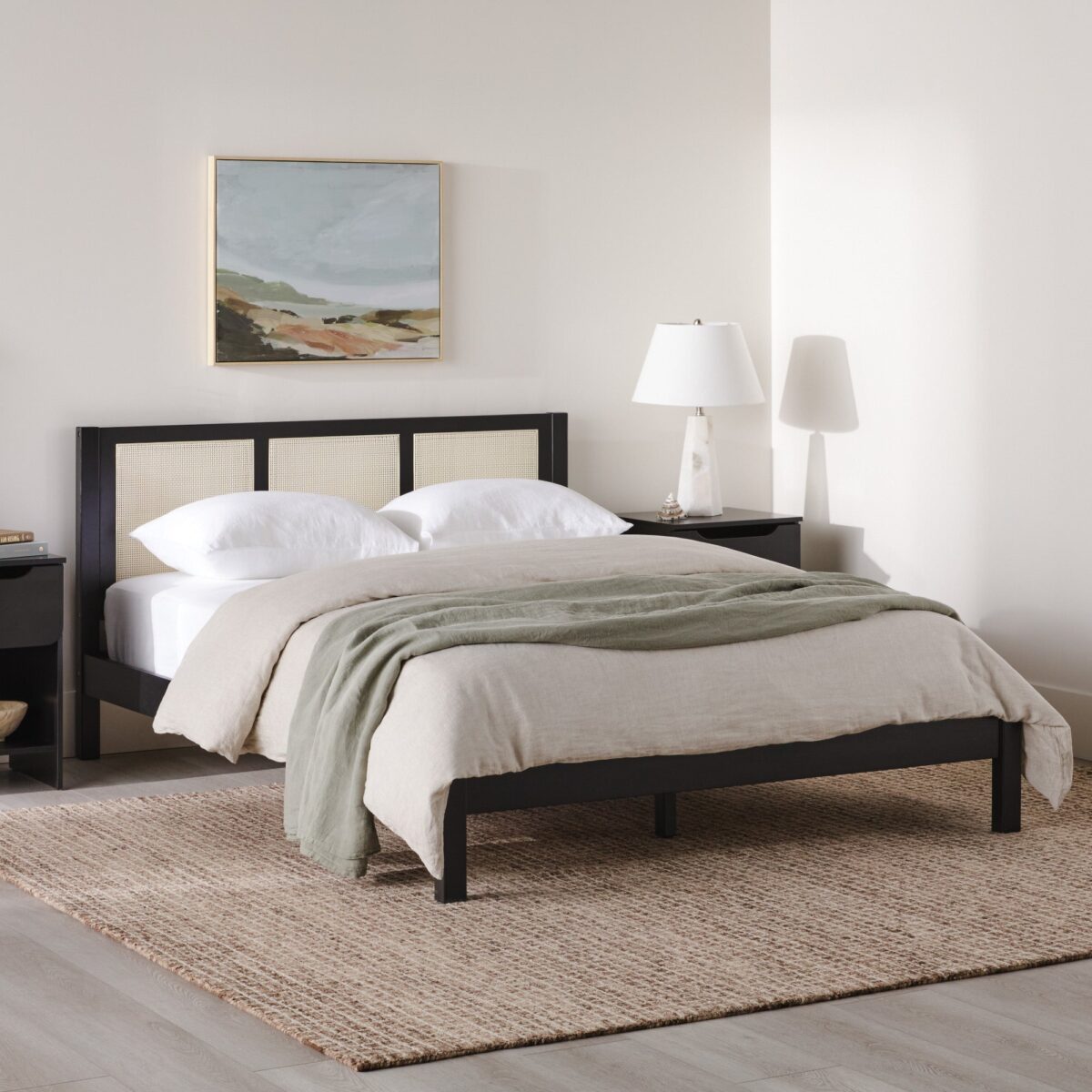 Yasmina Solid Wood Rattan Paneled Platform Bed (Queen or King) - Image 1