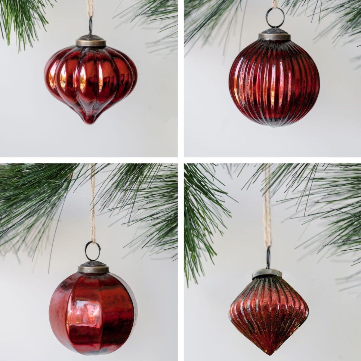 Set of 4 Handcrafted 3" Bordeaux Mouthblown Glass Ornaments with Antique Topper - Image 1