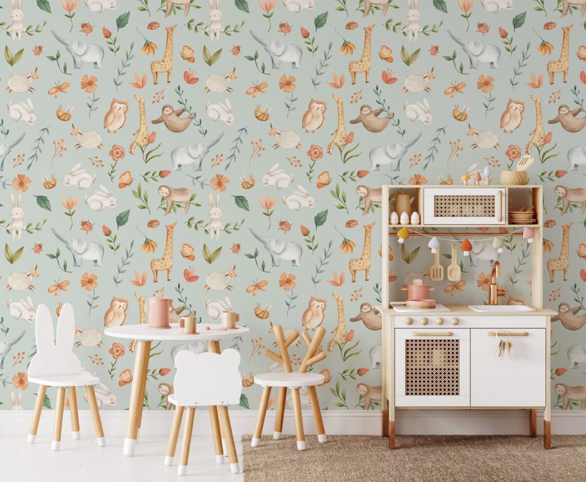 Animal Adventure Nursery Wallpaper - Featuring Rabbits, Giraffes, Elephants & More - Image 4