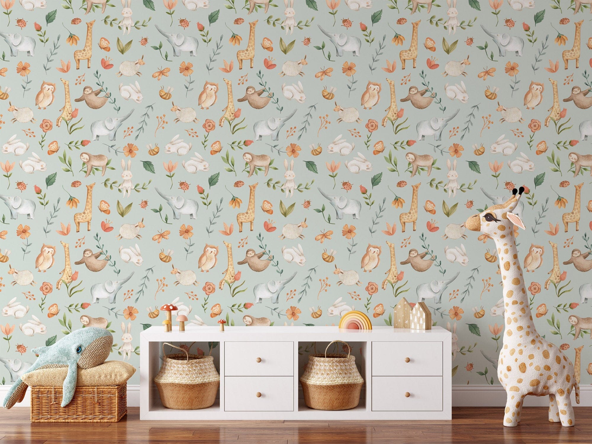 Watercolorbabyanimalsfornurseryseamlesspatterngreen5_81cd0cae-6eac-4f0c-b6da-3b48bbeb1144 Animal Adventure Nursery Wallpaper - Featuring Rabbits, Giraffes, Elephants & More - Image 6