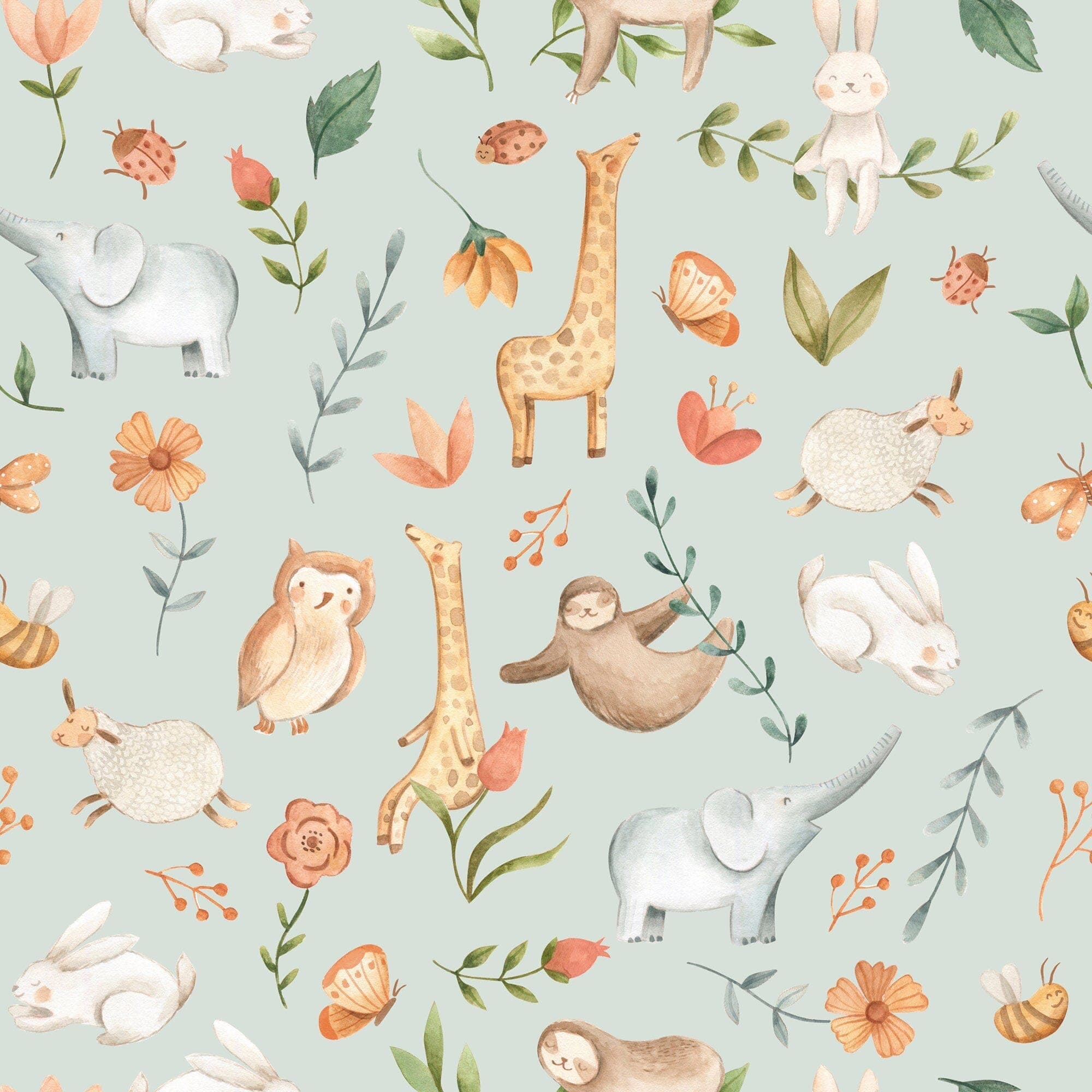 Watercolorbabyanimalsfornurseryseamlesspatterngreen6_85e31fec-a69c-48b3-b38d-0fbc57e9133b Animal Adventure Nursery Wallpaper - Featuring Rabbits, Giraffes, Elephants & More - Image 2