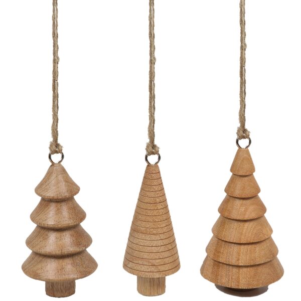 Set of 3 Handcrafted 5-Inch Mango Wood Tree Christmas Ornaments - Rustic Artisanal Decor